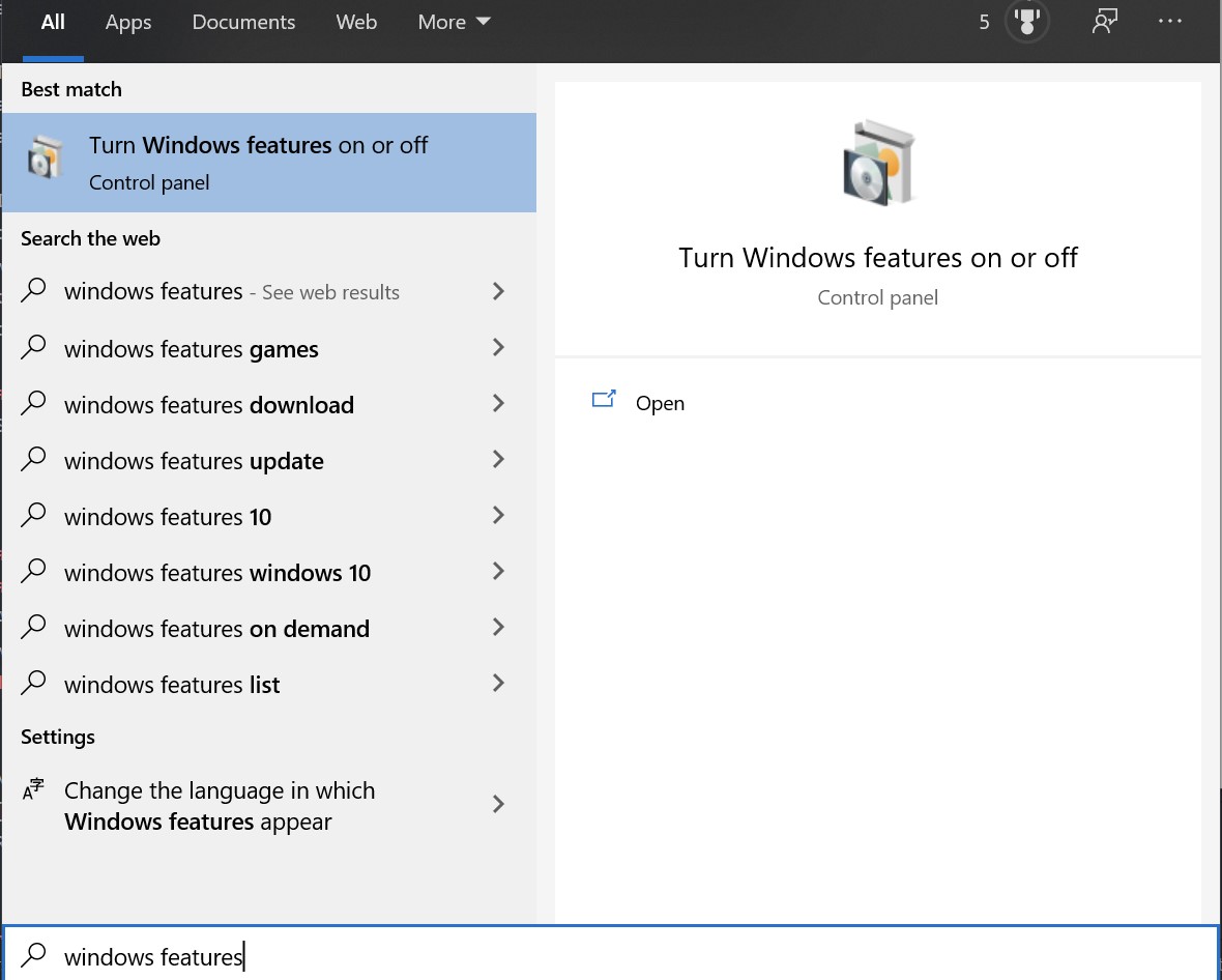 Image of Windows Features Search Result